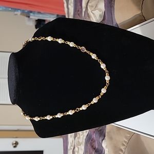 Vintage Worthington gold, faux pearl, pink stone costume jewelry necklace unique